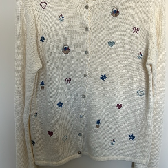 Teddi Petite White Scallop Cardigan with Bow Cottage Print Detail - Size Large - Picture 1 of 6